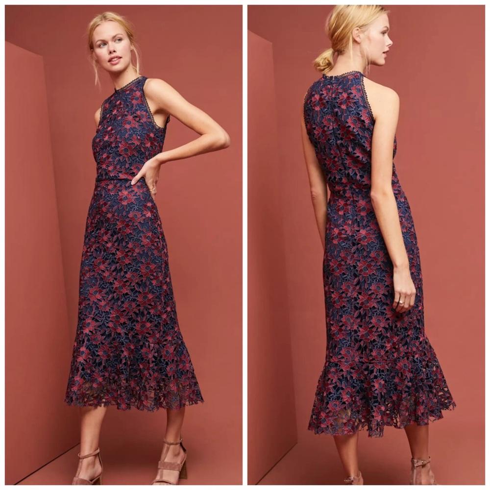 Shoshanna Navy and Burgundy Floral Lace Midi Dress- like new!